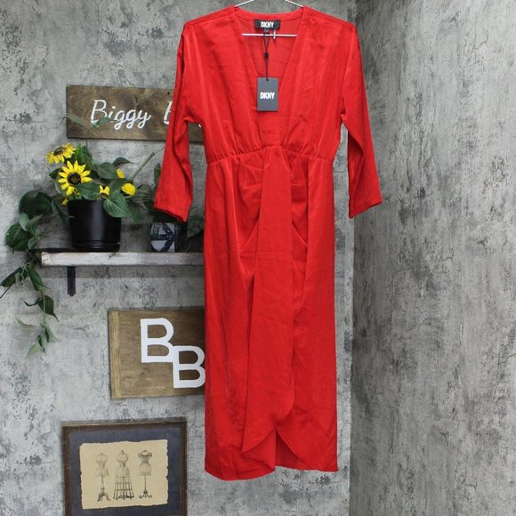 NWT DKNY Faux-Wrap Long-Sleeve Sparkle Satin Dress P2IBNO42 2 Scarlet Red - Picture 2 of 6